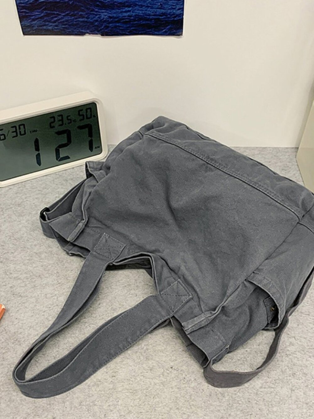 Vintage Washed Gray Canvas Multi-Pocket Crossbody Messenger Bag